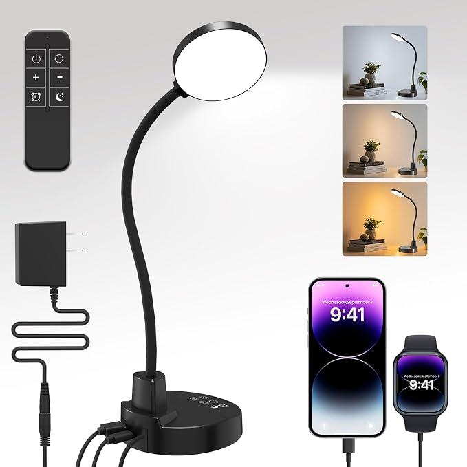 15W LED Desk Lamp with USB Charging Ports, [Button & Remote Control] Dimmable Table Lamp with 3 Color Modes, 5 Brightness Levels, 4 Timers, Flexible Reading Light for Home Office, Bedroom, Kids Study