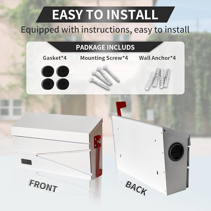 Ydocabinit Wall Mount Mailbox, Large Capacity Mailbox for House, with Flag, Visibility Galvanized Steel Rust-Proof Metal Post Drop Box, Mailboxes for Outside 15.74"×9.84"×4.33" Solar Lanterns White