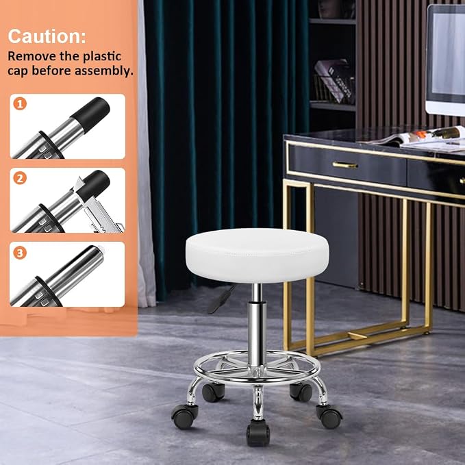 KKTONER PU Leather Round Rolling Stool with Foot Rest Swivel Height Adjustable Stool Spa Drafting Salon Tattoo Work Office Massage Task Chair White Small (White)