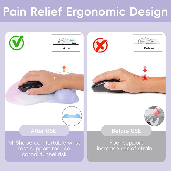Mouse Pad with Wrist Rest Ergonomic Mouse Pad with Comfortable M-Shape Pain Relief Wrist Support Non-Slip PU Base Mousepad for Laptop, Office & Home (Purple Pink)