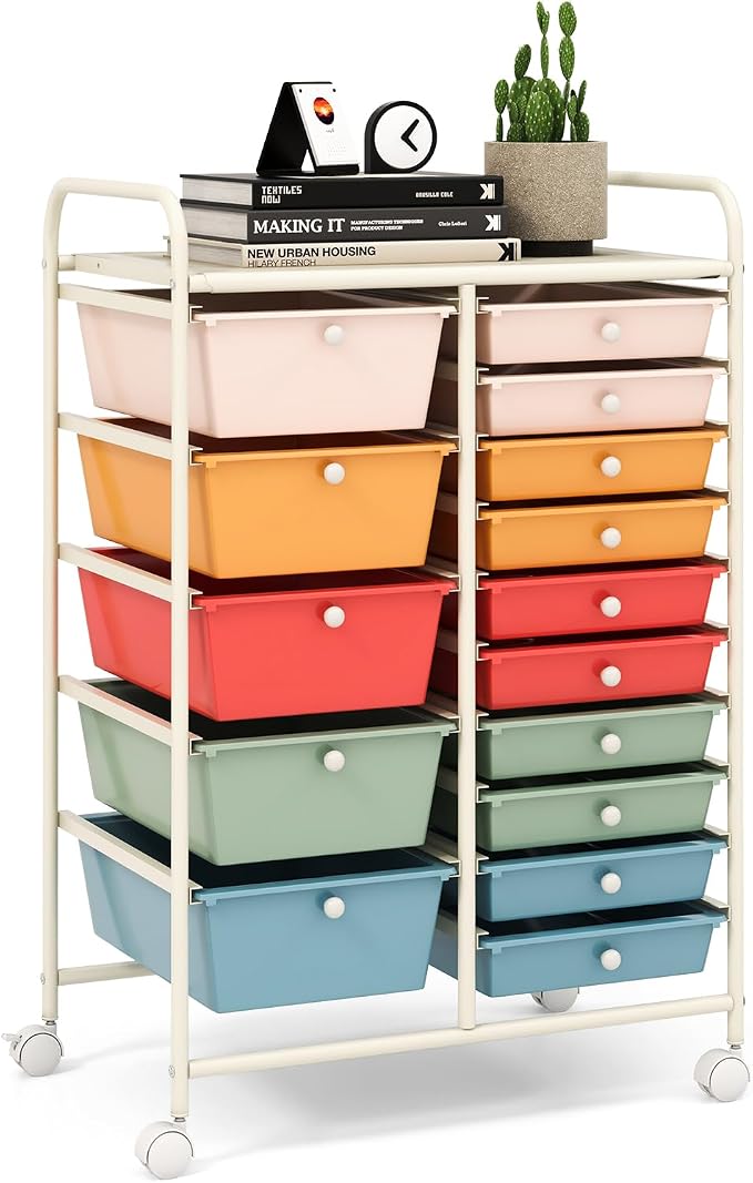 15 Drawer Rolling Storage Cart, Rolling Cart with Drawers for Classroom, Art Supply Craft Organizer on Wheel with Metal Frame & Handles for Home Office School