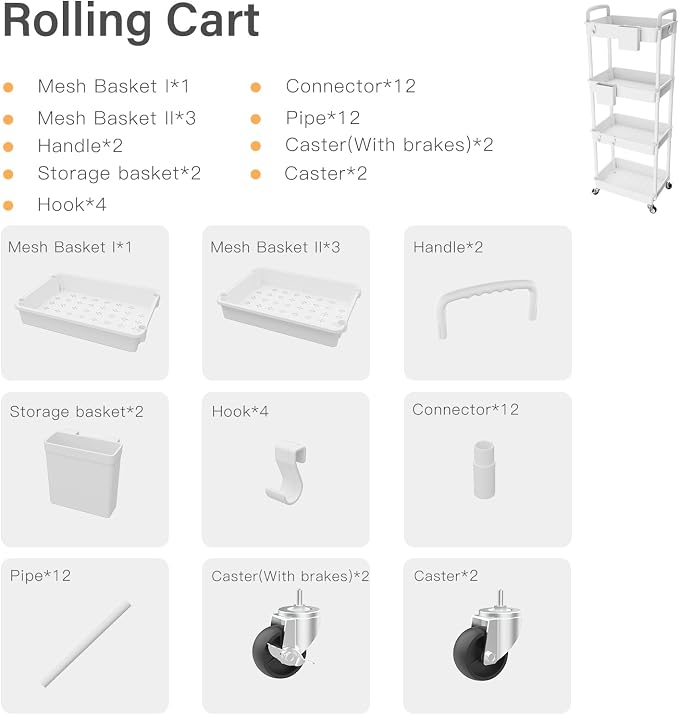 4 Tier Rolling Utility Cart with Handle,REBECAT Utility Cart Made of Multifunctional Storage Organizer Tool for Kitchen,Bathroom,Living Room,Office(White)