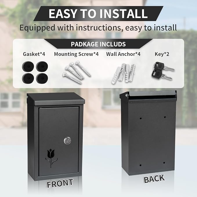 Ydocabinit Wall Mount Key Drop Box, with Key Lock & Flip & Top Slot, Steel Cash Drop Box, Storage Box for Mail, Packages, Donations, Voting, Suggestion for Outside Home Business 9.05"×5.51"×3.03"