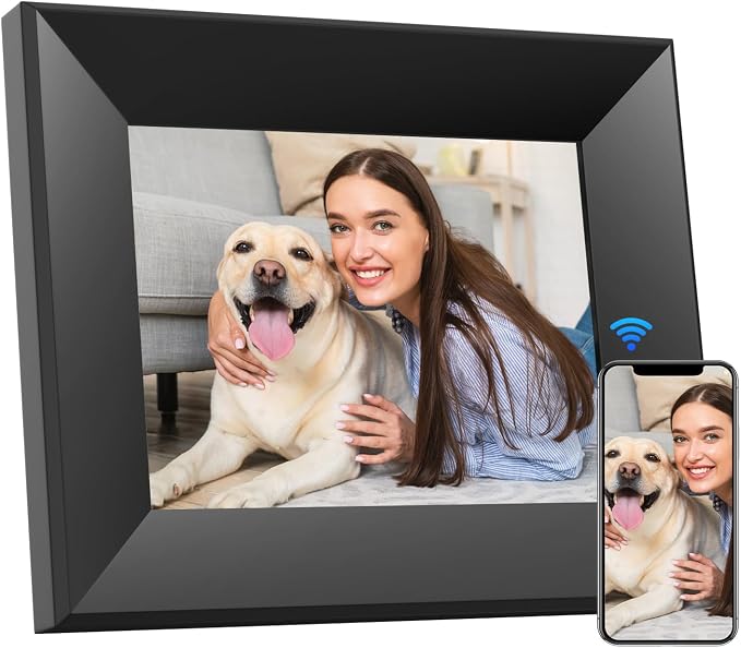 8-Inch Digital Picture Frame with WiFi, Wood Finish Smart Photo Frame HD IPS Touch Screen with 16GB Storage – Easy Photo & Video Sharing from Anywhere – Ideal Gift for Family, Black