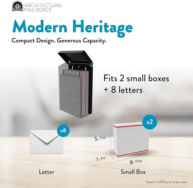 Architectural Mailboxes Modern Heritage Wall Mount Mailbox, Black, Small | Galvanized steel build for outside with weather-resistant outdoor construction and a rust-resistant powder-coat finish.