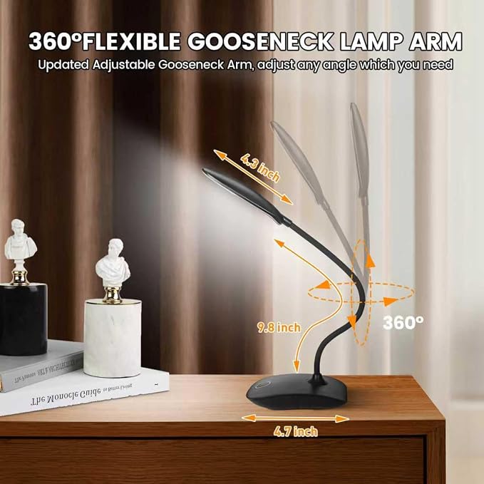 Portable Battery Powered Desk Lamp Small Rechargeable LED Table Light | 400 Lumen Eye Care,3 Color Temperatures,Stepless Touch Dimming,360° Adjustable for Nail Study Dorm Office Bedroom,Black 2 Pcs