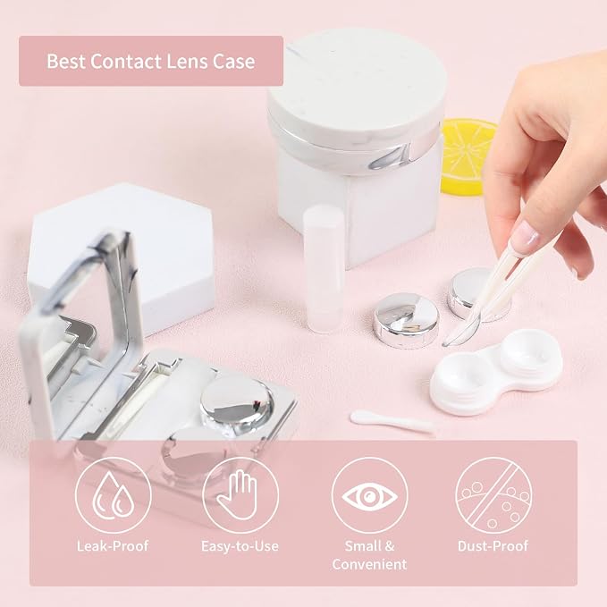 2 Pack Contact Lens Case, Portable Eye Contacts Colored Lenses Applicator Remover Tool Kit with Mirror Solution Bottle for Daily Makeup Office Travel Outdoor (Silver Marble)