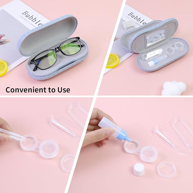 2 in 1 Contact Lens Case and Eyeglasses Case for Women Men Kids, Double Sided Hard Shell Portable Glasses Travel Holder with Built-in Mirror, Contact Lens Box Storage Kit, Blue