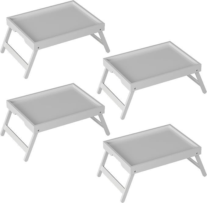 Youpehom Bamboo Bed Tray Tables with Folding Legs, Medium, 4-Pack, White | Four bamboo bed trays with folding legs and handles for family meals, guests, reading, laptop use and everyday serving.