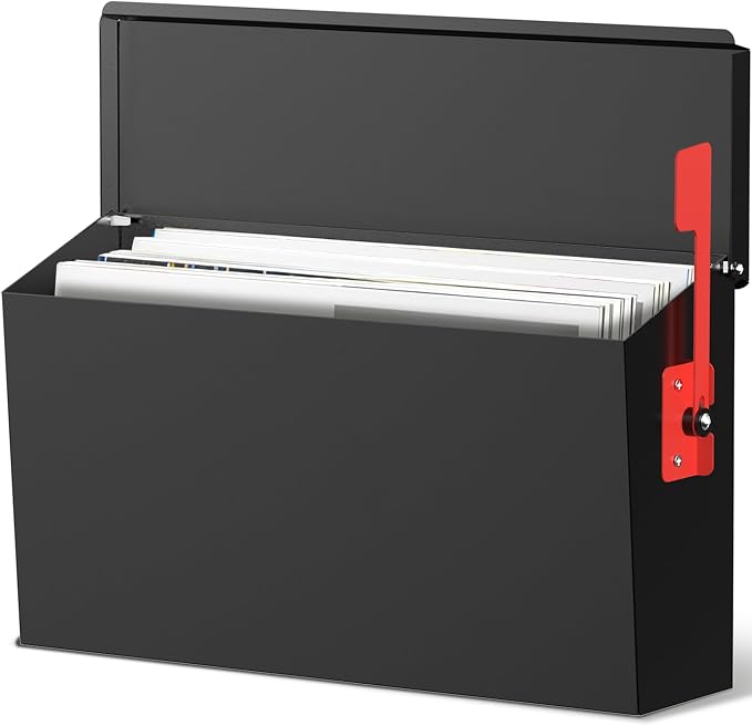 Wall Mount Mailbox for Outside with Flag, Large Capacity Mailbox Wall Mounted, Galvanized Steel Rustproof Metal Mailbox, Modern Mail Box for House Outside, Black, 15.9''x9.6''x5.2''