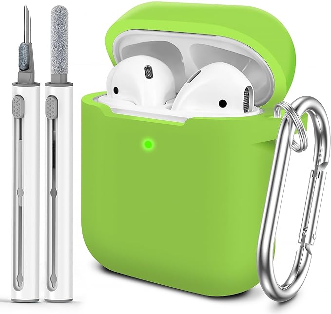 for AirPods Case Cover, Come with Cleaner Kit, Soft Silicone Protective Cover with Buckle, Compatible with Apple AirPods 2nd 1st Generation Charging Case, Front LED Visible, Fresh Green