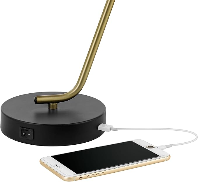 Globe Electric 52095 Belmont 17" Desk Lamp, Matte Black, Antique Brass Accents, Fast Charging USB Port, Rocker On/Off Switch