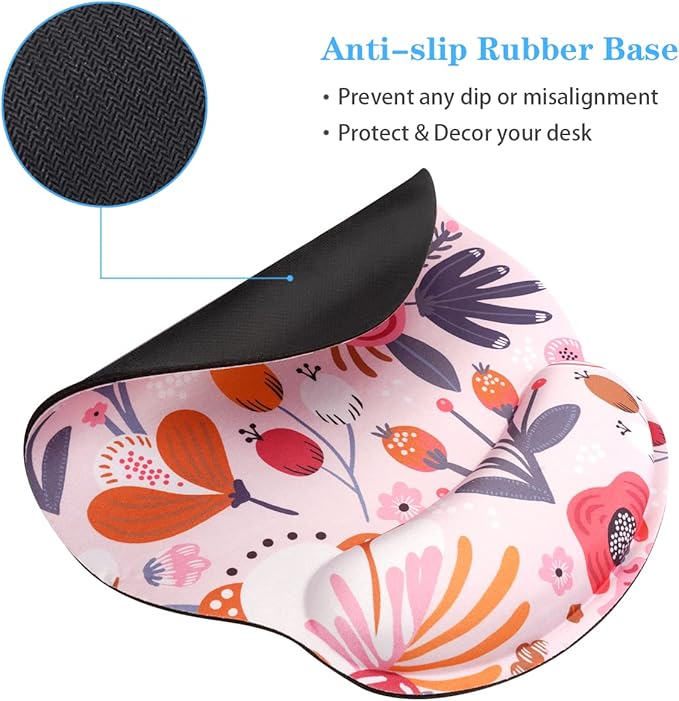 WAVEYU Ergonomic Mouse Pad with Wrist Support for Women Girls, Cute Pretty Mouse Mat Non-Slip Rubber Base Mousepad for Desk Laptop Gaming Working Computers Easy Typing & Pain Relief, Pink Flower