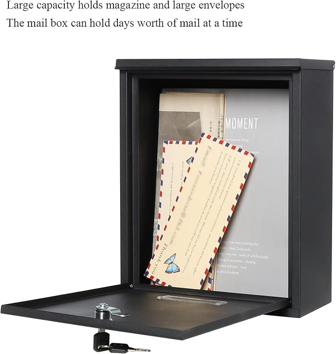 Jssmst Locking Mailbox Wall Mount Key Lock Drop Box Large Capacity with Galvanized Steel Cover and Rust-Proof Metal Post Box, Black Matt, SM-0702LK,Medium