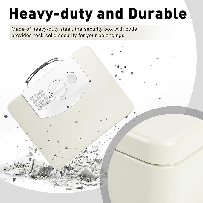 KYODOLED Off-White Safe Box with Digital Keypad Lock, Lock Box with Code for Personal Items, Metal Security Box for Cash, Passport, Ideal for Home, Office, Garage Sale, 11.8'' x 9.4'' x 3.5''