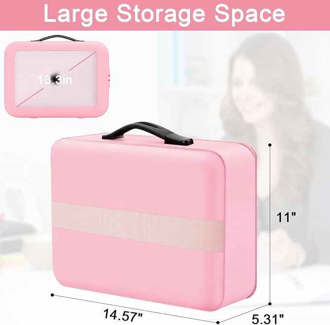 Fireproof Document Box with Lock, Hard-Shell Fireproof & Waterproof Safe Box for Home Office, Portable Document Organizer Stocking Stuffs for Women or Men Christmas Gifts (Pink
