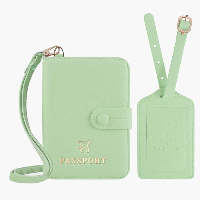 Passport Holder RFID Protected Wallet and Luggage Tag with Protection Cover Travel Accessories Leather Card Case Organizer for Women Men (Green)