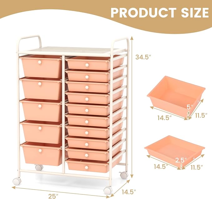 15 Drawer Rolling Storage Cart, Rolling Cart with Drawers for Classroom, Art Supply Craft Organizer on Wheel with Metal Frame & Handles for Home Office School