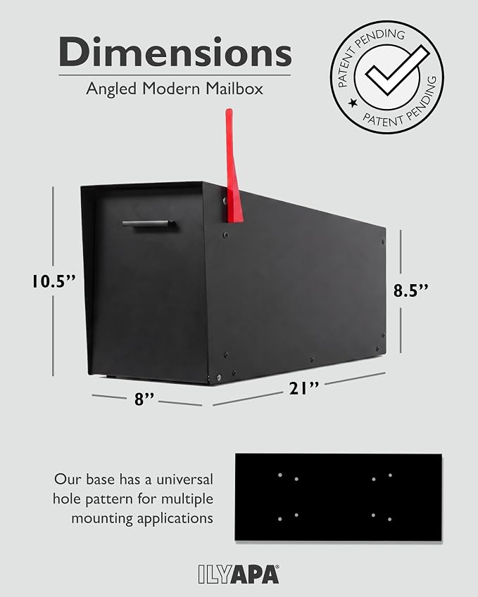 Ilyapa Modern Angle Design Post Mount Modern Mailbox - Black Exterior Powder Coated Steel, All Weather & Corrosion Resistant, Stainless Steel Hinges