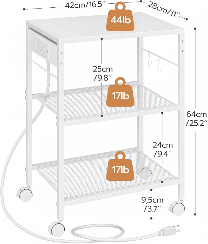 HOOBRO Industrial Printer Stand, 3-Tier Mobile Printer Table, Rolling Cart with Power Outlets and USB Ports, Home Printer Stand with 2 Hooks, for Office, Living Room, White WW22UPS01