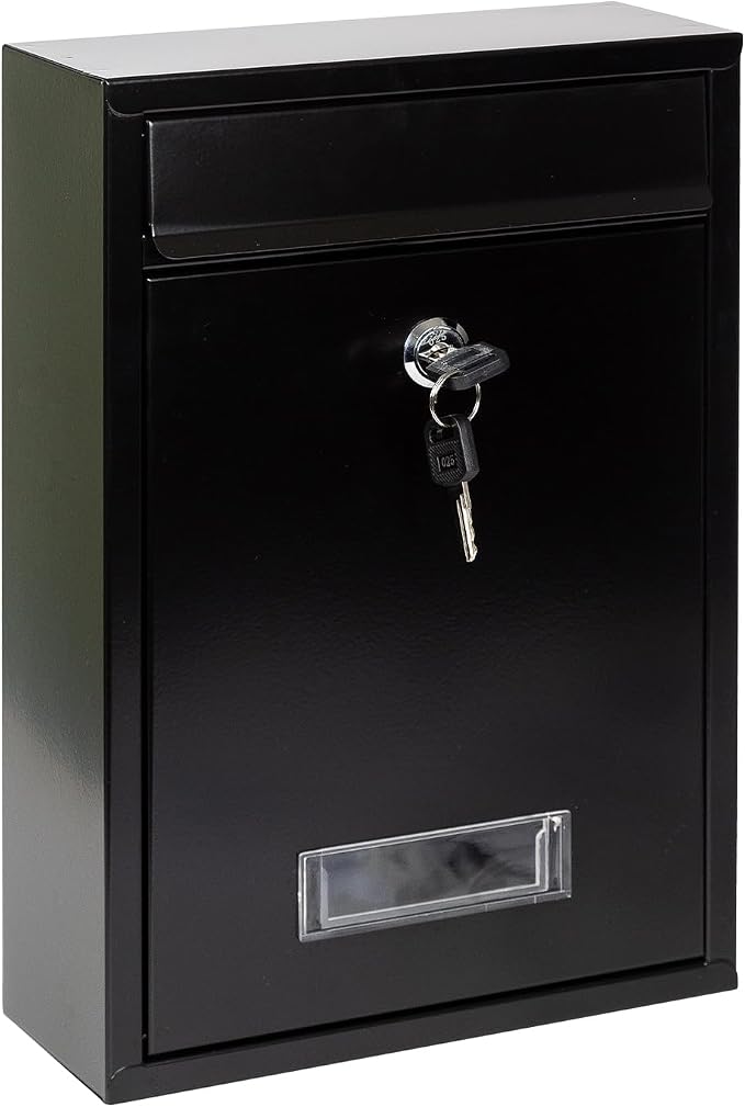 RAINHOL Wall Mount Mailboxes for Outside with Key Lock, Galvanized Steel Locking Mailbox, Waterproof Secure Mail Drop Box, Medium Capacity, 12.6 x 8.5 x 3.3 Inches, Black
