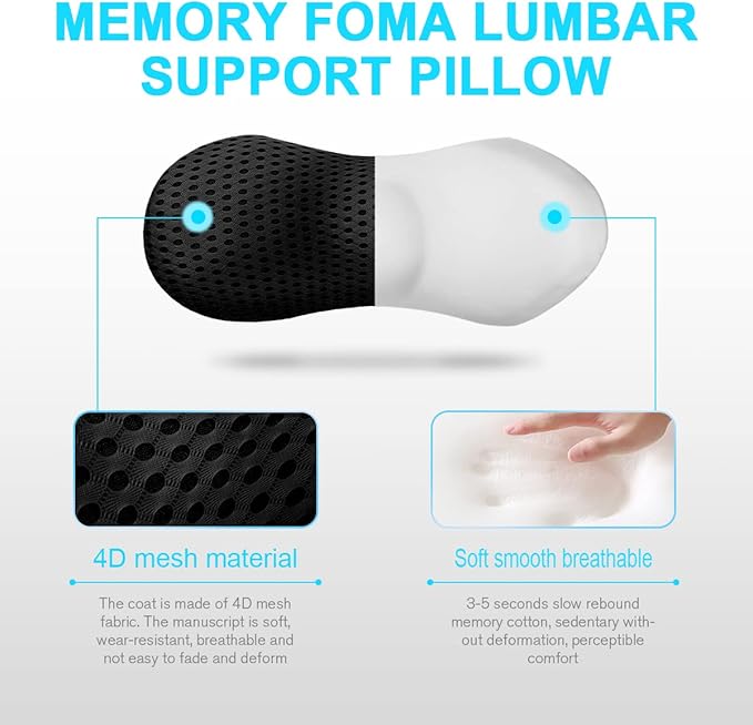 Lumbar Support Pillow for Office Chair, Memory Foam Lumbar Pillow for Lower Back Pain Relief (Black)