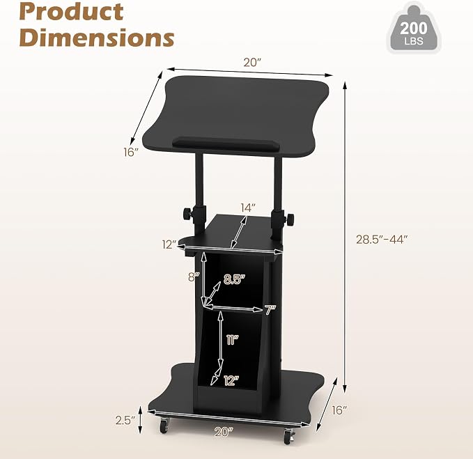 Tangkula Mobile Lectern Podium, Height Adjustable Podium Stand, Standing Sit-to-Stand Desk, Rolling Cart Laptop Desk with Swivel Top Movable Wheels & Storage