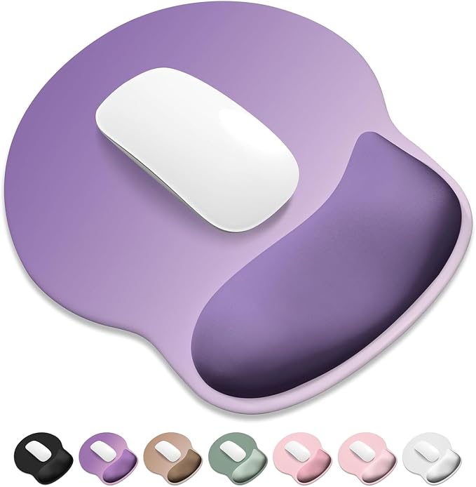 ITNRSIIET Ergonomic Mouse Pad with Wider Memory Foam Wrist Rest +17% - Curved Cushion Reduces Pressure 20%, Pain Relief, Non-Slip, Smooth, Cute Colors, 9.85 x 9 in, Lavender Fade
