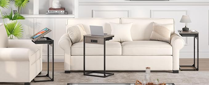 sthmec C Shaped End Tables with Charging Station, 45° Tiltable Adjustable Flip Top Side Table with Storage,Small C Table for Small Spaces,Slide Under Couch Sofa Bedside Tables for Living Room, Grey