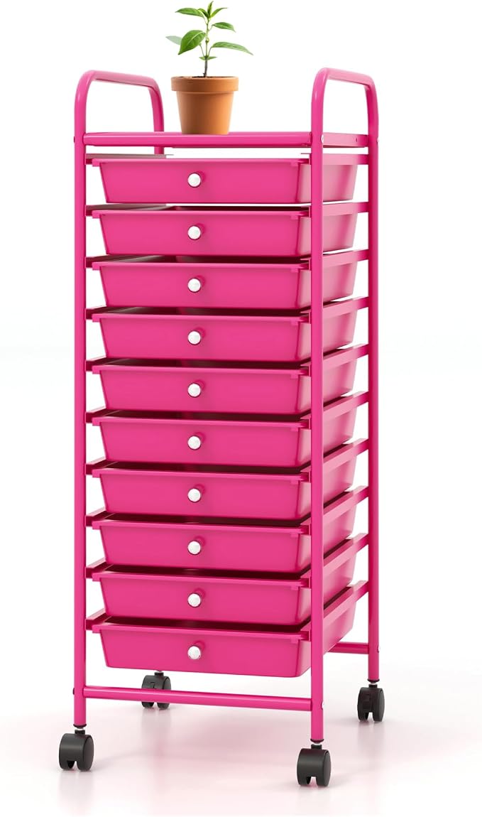 Storage Cart, Rolling Utility Cart with 10 Drawers, Portable Handles & Lockable Wheels, Mobile Paper Toys Storage Organizer Large Capacity for Home Office School Teacher (Hot Pink)