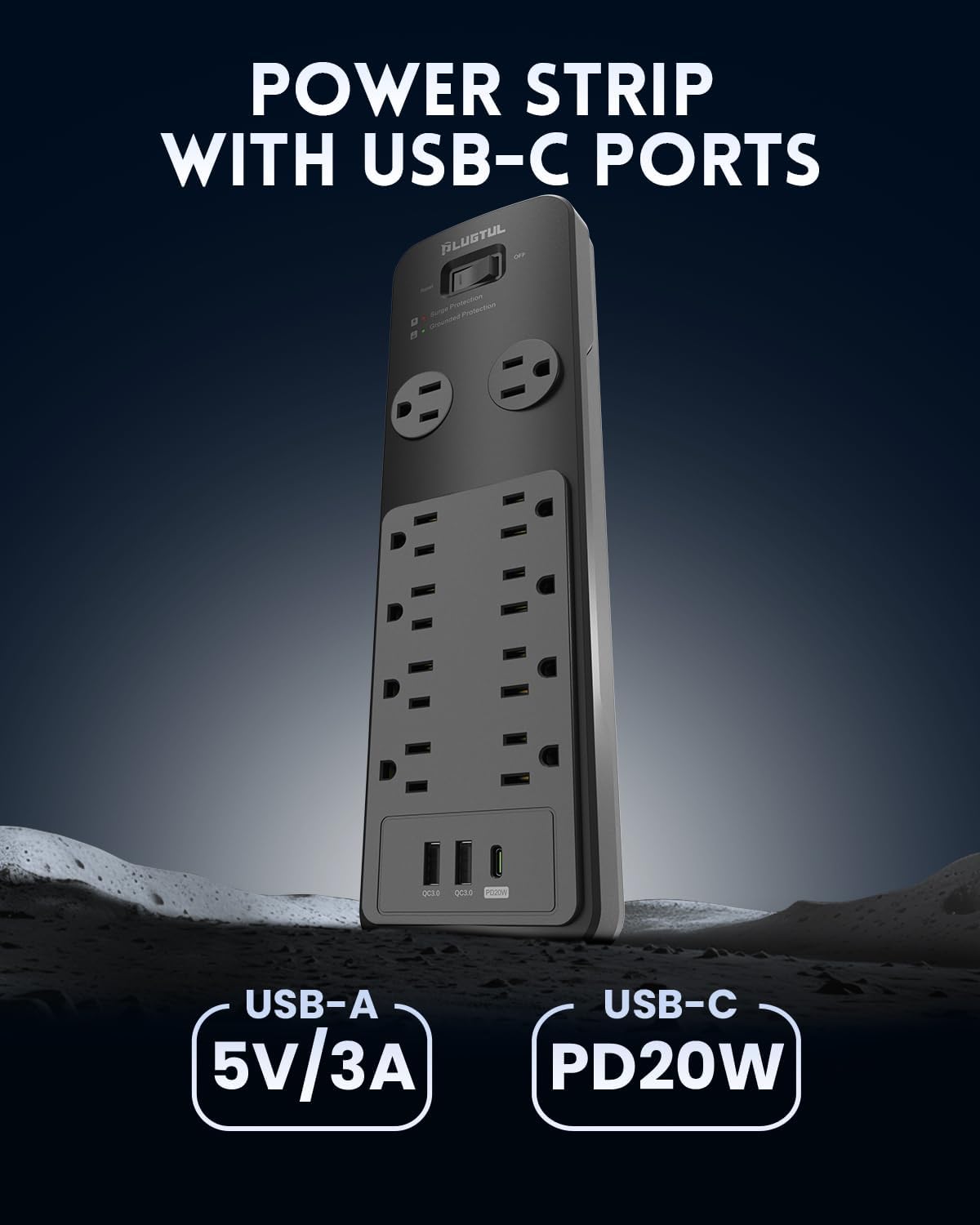 Surge Protector Power Strip 15FT, PLUGTUL Surge Protector with 10 Outlets - Spacious Design for Large Plugs, Flat Plug, 20W USB C Charging for Home, Office, ETL Listed, 2040J
