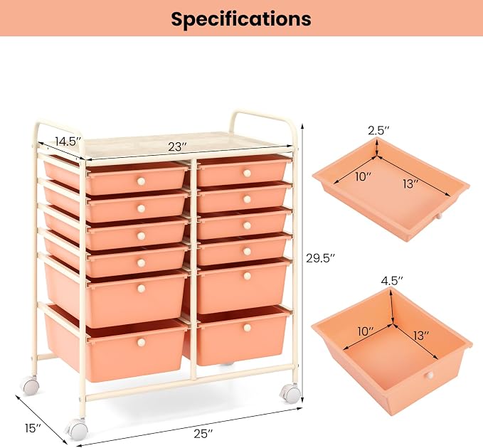 BECOMFORT 12-Drawer Rolling Cart with Drawers, Storage Cart on Wheels, Teacher Classroom Organizers with Metal Frame, Mobile Craft Cart, Trolley Utility Cart for School Office Play Room