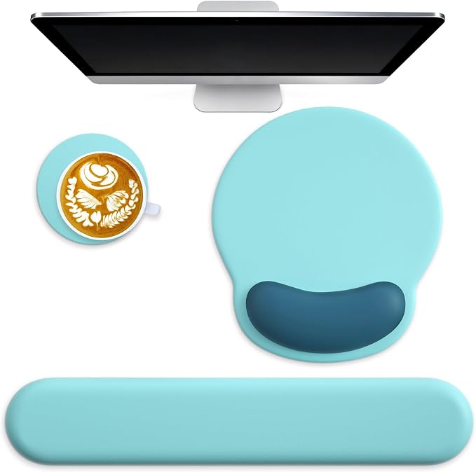 3 in 1 Ergonomic Mouse Pad and Keyboard Wrist Rest with Coaster Set-Blue | Cute Large Mousepad with Gel Wrist Support for Gaming Computer Laptop Women Office Home Desk Decor