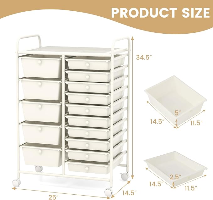 15 Drawer Rolling Storage Cart, Rolling Cart with Drawers for Classroom, Art Supply Craft Organizer on Wheel with Metal Frame & Handles for Home Office School