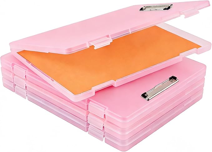 2 Pack Letter Size Clipboard with Storage 8.5 * 11, Plastic Clear Clipboard File Box A4 Pink Nursing Clip Board for School & Office with Christmas Stickers (Clear & Pink)