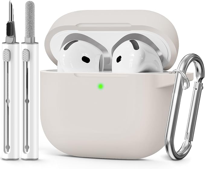 for AirPods 4 Case 2024 with Cleaner Kit & Keychain-Stone | Silicone Protective Cover for Apple AirPods 4th Generation Case,for Women Men,One-Piece Design,Shockproof,Dust Proof