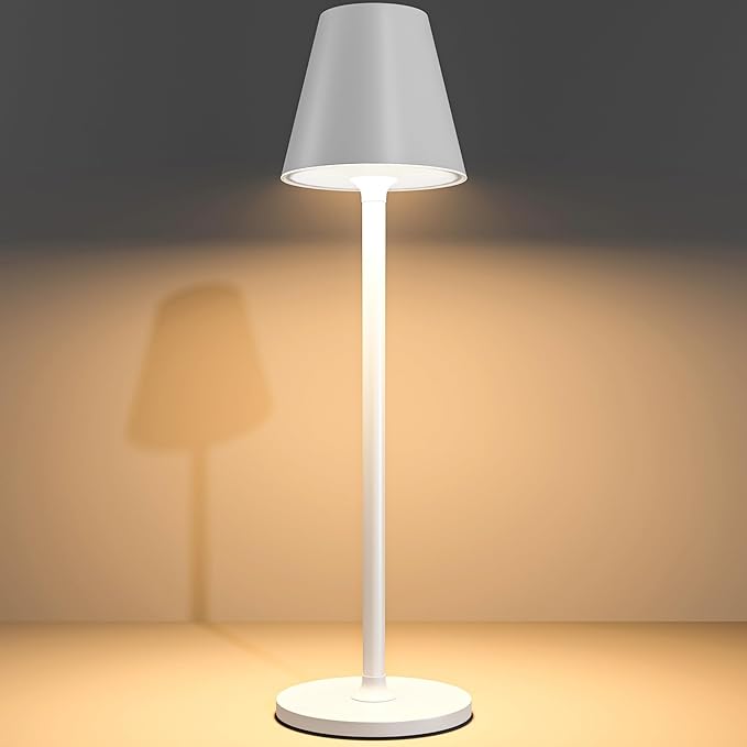 Timjorman Modern LED Cordless Table Lamp, 4000mAh Rechargeable Battery, 3 Level Brightness Night Light, Metal Shell, Minimalist Design, for Couples Dinner/Coffee Table/Restaurant/Bedroom, White