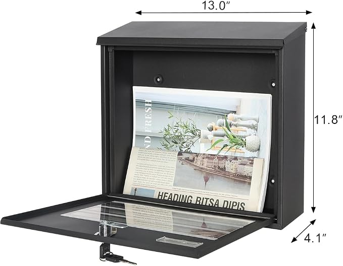 Decaller Galvanized Steel Mailbox with Key Lock, Wall Mount Metal Mail Box Outdoor, 13" x 11.8" x 4.1", 918 Black
