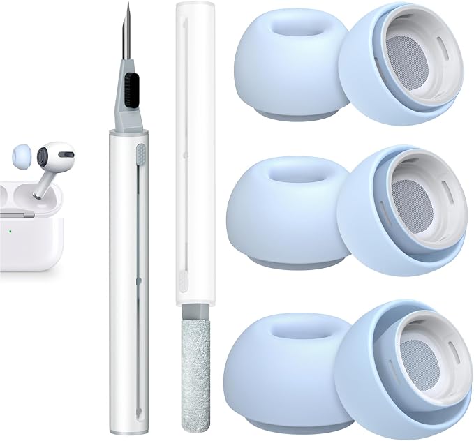 3 Pairs Replacement Ear Tips for AirPods Pro 2nd & 1st(S/M/L, Light Blue) | with Noise Reduction Hole, Silicone Ear Tips with Cleaning Pen & Portable Storage Box, Fit in the Charging Case