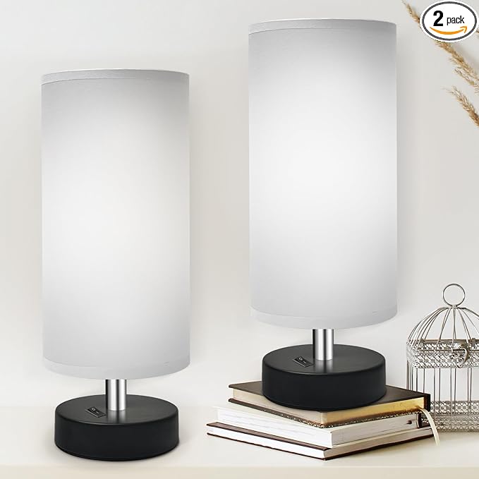 DEGNJU Small Lamp for Bedroom, Bedside Lamps for Night Stands, Mini Minimalist Table Lamp with Round Gray Fabric Shade, 11.4 Inch Desk Reading Lamp for Dorm Room Living Room Office Room, 2 Pack