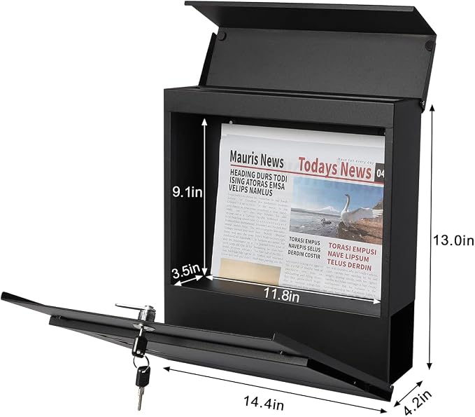Decaller Large Capacity Mailbox with Key Lock, Wall Mount Metal Mail Box with Newspaper Compartment for Outside, 14.4" x 13" x 4.2", 939 Black