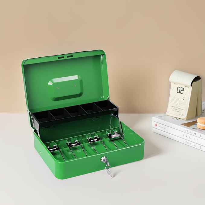 Cash Box with Lock Key and Money Tray - Large Money Box for Cash Register, Metal Lock Box for Money Safe 11.8" x 9.4" x 3.54" Green
