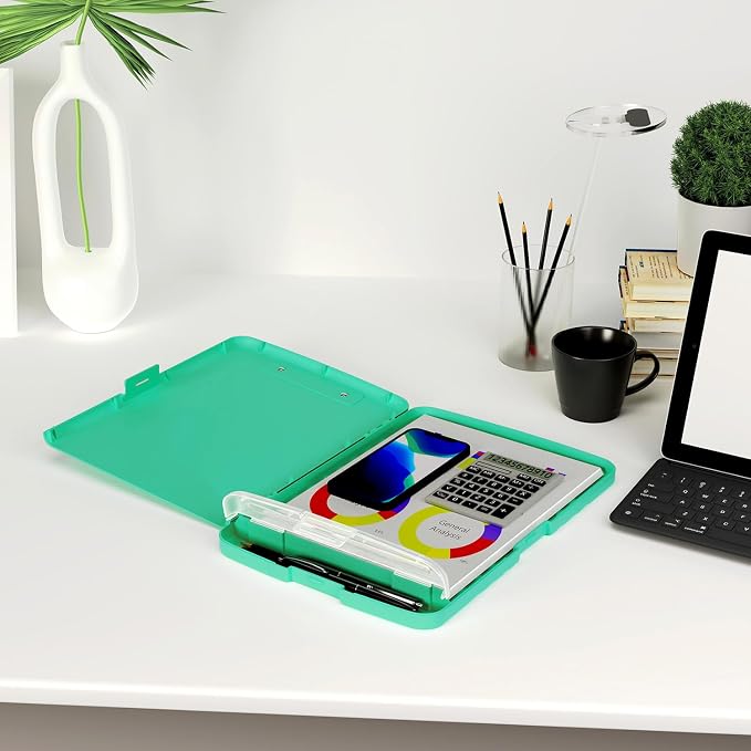 Piasoenc Clipboard with Storage, 8.5 x 11 Clip Board with Pen Holder, Green | High Capacity, Heavy Duty Plastic Organization Box for A4 Legal Paper Folder, Folio & Side-Opening Nurses, Teachers, Student