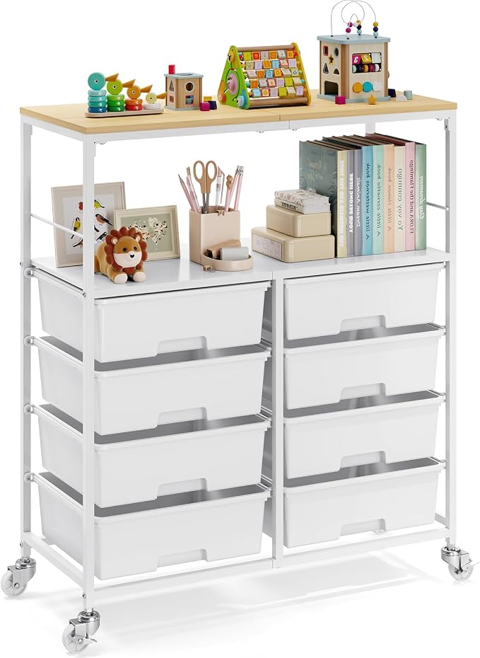 Rolling Storage Cart with 8 Large Drawers, Wooden Tabletop | Open Storage Shelves, Mobile Craft Organizer with Lockable Wheels for Home, Classroom, Office Supplies & Art Studio,White