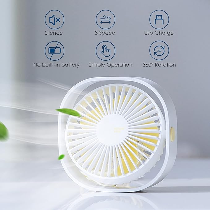 Simpeak Small USB Fan Small Quiet Portable USB Powered ONLY (No Battery), Cooling 3 Speed Setting 360° Adjustable Swivel Desktop Personal Fan for Home Office Bedroom Outdoor Travel Summer (White)