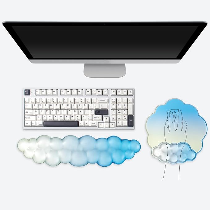 Keyboard Wrist Rest with Cloud Mouse Pad - Gradient Blue Ergonomic Gel Cloud Mouse Pad with Non-Slip Base, Cute Office Accessories for Desktop/Latop/Home/Office