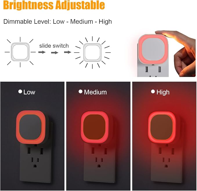 YUNLEX 2 Pack Red Night Light with Dusk to Dawn Sensor, Eye-Care Reflected Glow, 0% Blue Light True Red LED, 3-Level Brightness, Auto On/Off, Plug-in Nightlight for Sleep, Kids, Bedroom, Bathroom