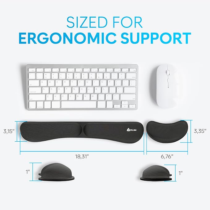 KLIM Mouse & Keyboard Wrist Rest Set - Silky Gel Memory Foam - Ergonomic Wrist Rest for Computer Keyboard, Wrist Pad for Keyboard + Wrist Rest for Mouse - for Gaming and Office - Pain Relief - Black