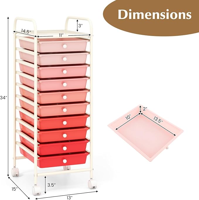 GLACER 10 Drawers Rolling Cart, Storage Cart with w/Removable Drawers & Steel Frame, Utility Mobile Trolley w/Universal Casters & 2 Brakes, Organizer Cart for Home, School, Office (Gradient Pink)