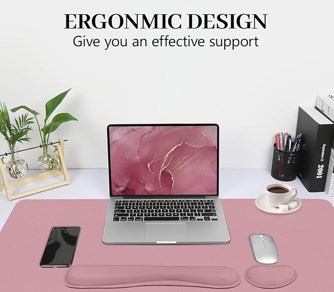 Mouse Pad and Keyboard Wrist Rest, 3-in-1 Keyboard and Mouse Pad | 27.6" x 13.8" Dusty Pink Desk Mat Set,Ergonomic Wrist Rest for Computer Keyboard, Non-slip Base, Waterproof Computer Mat